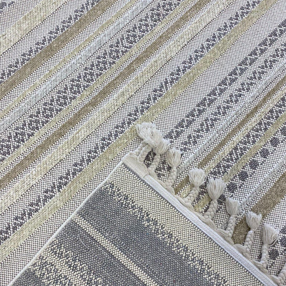 Meridyen Serisi Bej-Beyaz Şönil Kilim | Kaymaz Tabanlı, Yıkanabilir Halı
